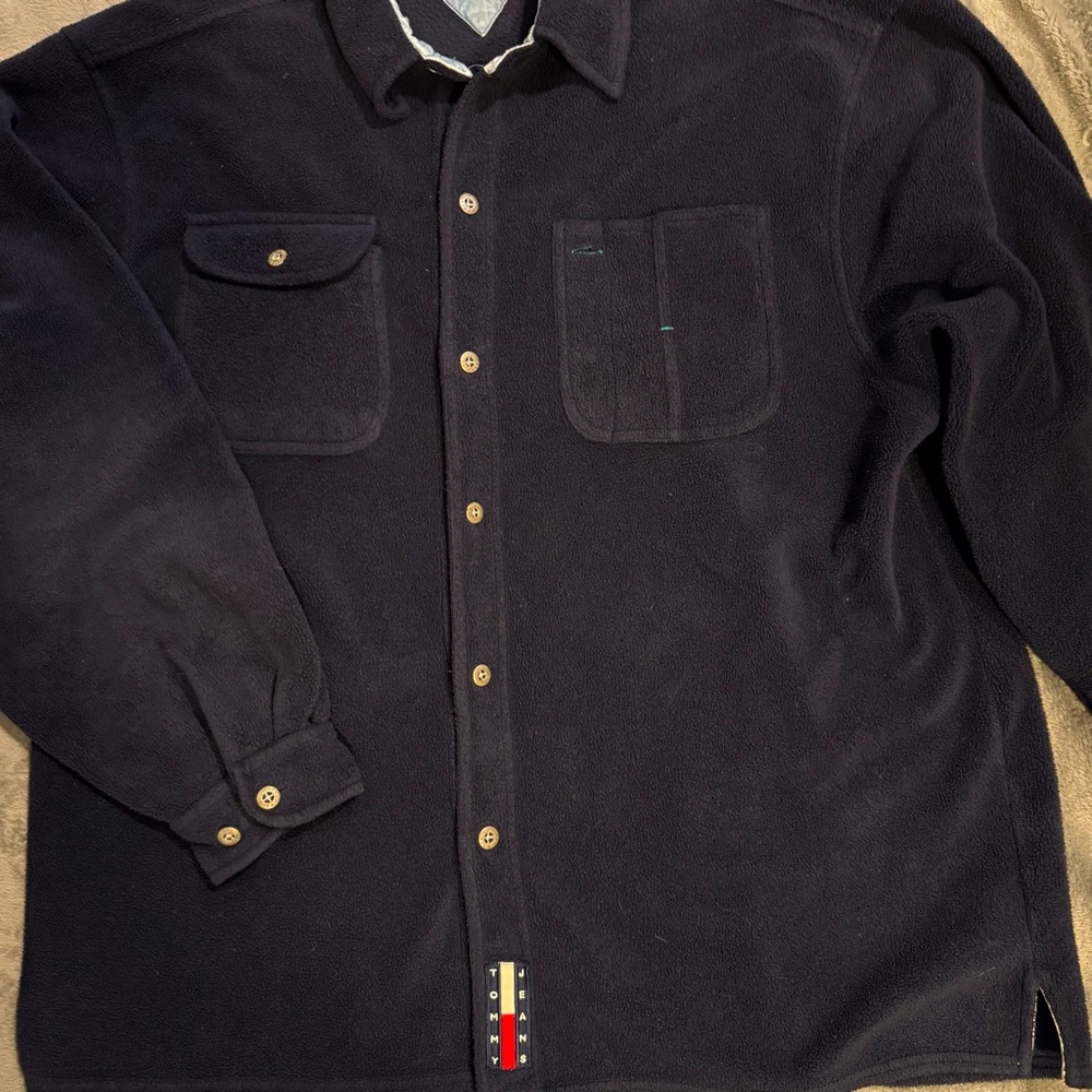 Rare Vintage Tommy Hilfiger Tommy Jeans Polar Fleece Overshirt Navy Men’s XL - Picture 6 of 13